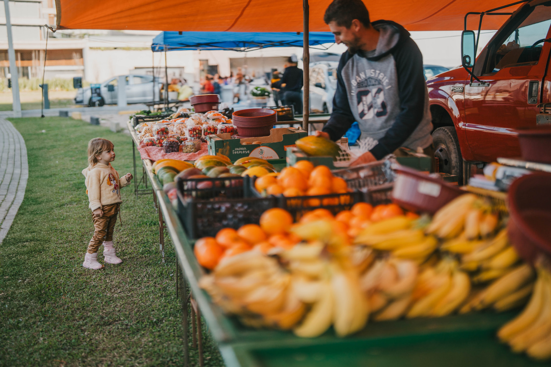 Criança observando uma banca de frutas na feira de produtores do Parque Una